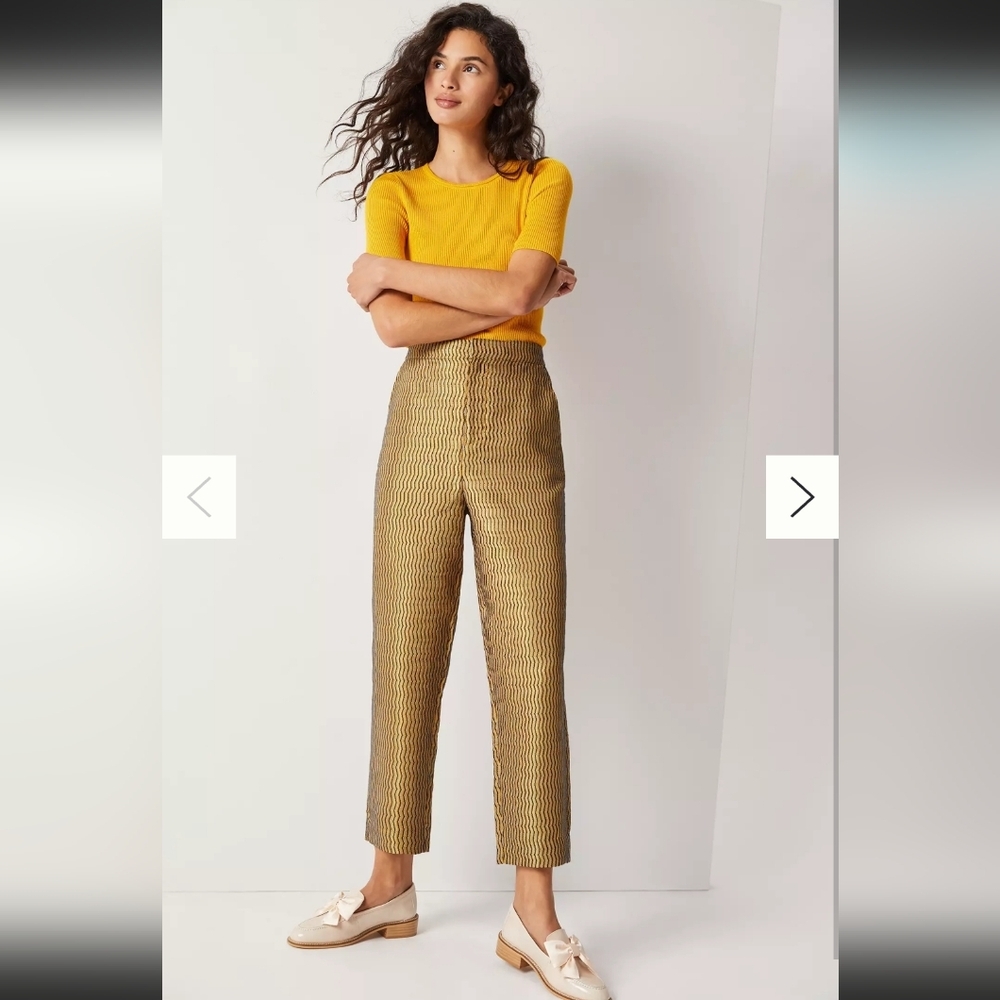 Anthropologie Maeve | Melyssa Jacquard Gold and Black Trouser Pant small petite